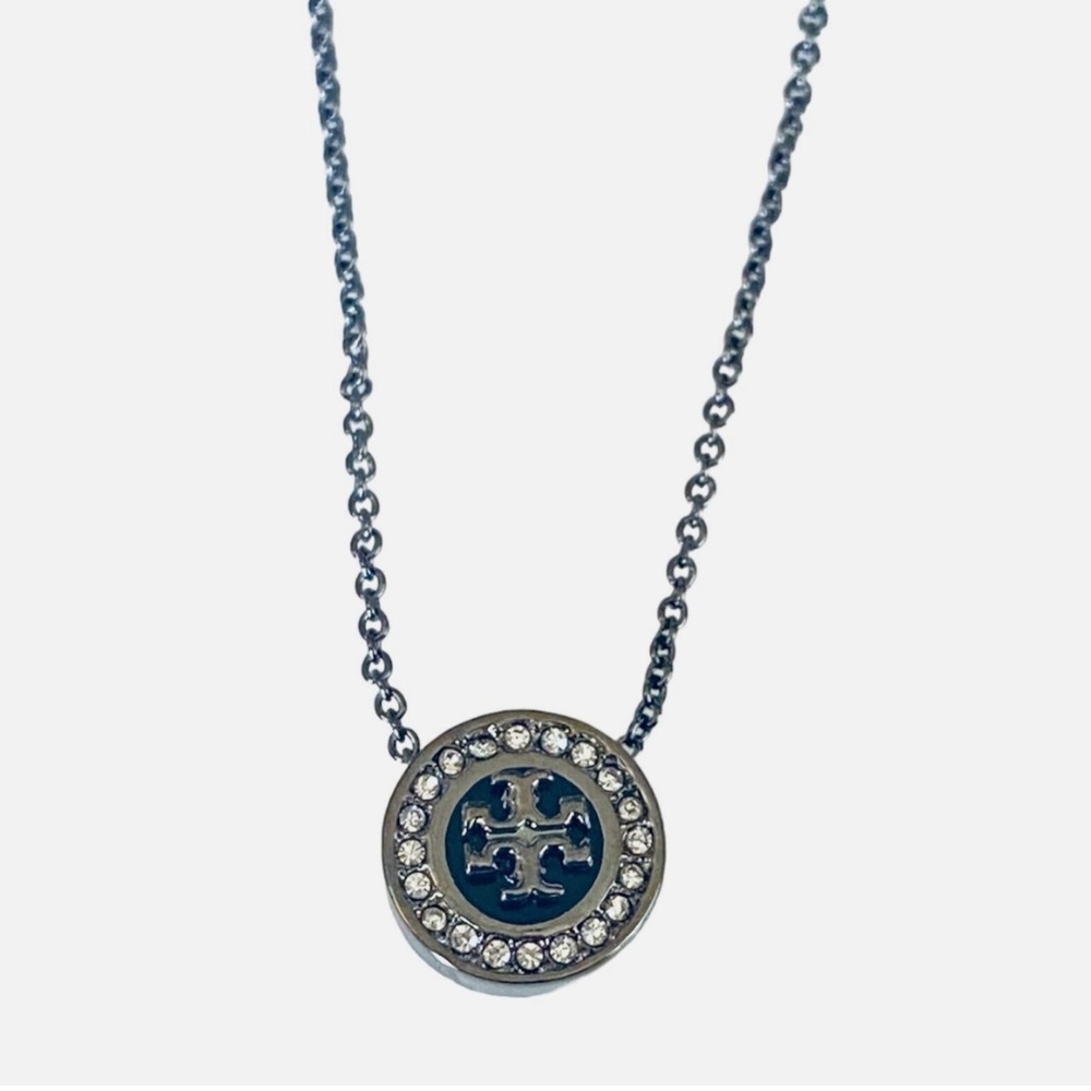 NEW Stunning Tory Burch Kira Gun Metal Pave & Enamel Pendant Necklace $175
